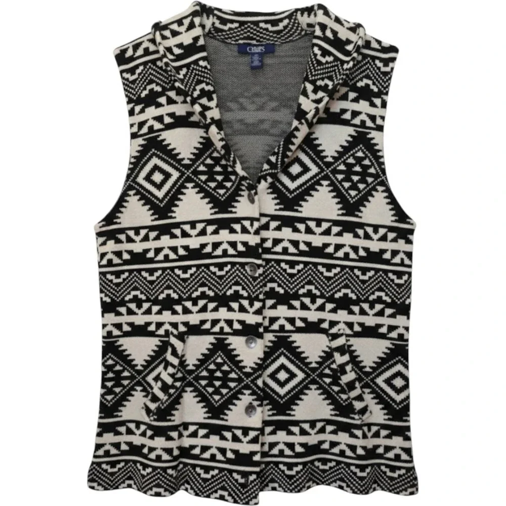 Chaps Black White Geometric Knit Sweater Vest Collared Button Front L/G